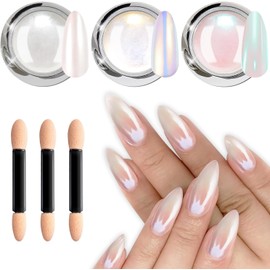 3 Pcs Polvo de Cromo para Uñas, Uñas Press On, Efecto Espejo Iridiscente, Pigmento Aurora Sirena, Kit de Purpurina para Uñas para Esmalte de Gel Decoración de Uñas, Decoración y Resina Craft