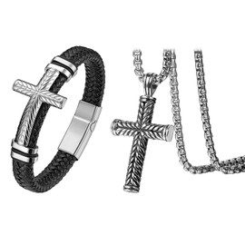 Cupimatch Men's Cross Chain Bracelet Set Stainless Steel Necklace Earrings Set Gold Jesus Cross Pendant Chain Jewellery Set Leather Bracelet Gift for Men, Leather