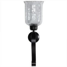 GLOBEDECOR Metal Wall Sconce Pillar Candle Holder Scroll Design with Tanslucent Hurricane Chimney 23" H