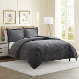 Hearth & Harbor Premium Flannel Duvet Cover Set - 3 PC Reversible King Comforter Cover Set with Microfiber Back - 1 Velvet Duvet Cover King & 2 Pillow Shams 104 x 90 inches - Charcoal Gray