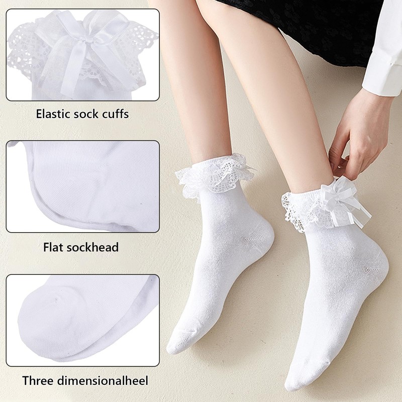 MKYSZLT Women White Ruffle Socks,Adult Frilly Ankle High Bow Socks
