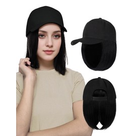 Baseball Cap with Hair Extensions Straight Short Bob Wig Baseball Wig Adjustable Baseball Hat for Daily Party Girls Wig Hats Straight Natural Black