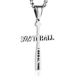 HZMAN Softball Bat Cross Pendant Necklace for Men Player Stainless Steel Inspiring Bible Verse Softball Necklace Jewelry Gift (Silver)