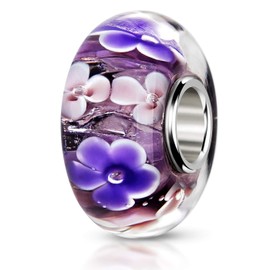 MATERIA by Matthias Wagner Glass Bead Purple Flowers Charm for Bracelet with Glitter Foil 1486, Glass