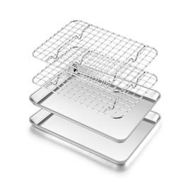 Toaster Oven Pan with Rack Set (2 Small Baking Sheets+2 Grill Racks), 9 x 7 Inch Stainless Steel Small Cookie Sheets Bacon Tray with Grid Cooling Racks for Baking Roasting Grilling, Dishwasher Safe