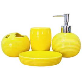 Bathroom Accessories Set 4 Piece Yellow Ceramic Bathroom Decor Accessory Set with Toothbrush Holder,Lotion Dispenser, Soap Dish,Cup
