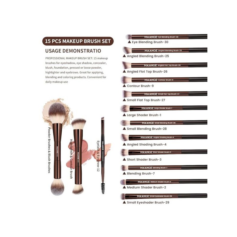 MAANGE 15 PCS 메이크업 브러시 더블엔드 파운데이션 양면 라운드 각도