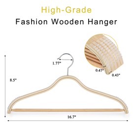TOPIA HANGER Sleek Wooden Hangers with Non-Slip Rubber Grips, Sweater Hangers No Shoulder Bump, Lightweight Clothes Hangers 30-Pack, 360° Swivel Hook and Pants Bar-CT63N30