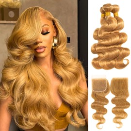 ALHER 10A Honey Blonde Body Wave Human Hair Bundles with Closure, Color #27 Sun-kissed Vibe Golden Blonde Body Wave HD Transparent 4x4 Closure with 3 Bundles Soft Thick Sew In Weave Wavy 14 16 18 +14