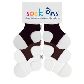 Sock Ons - Baby Sock Holder - 6-12 Months - Pack of 3 (1 x White 1 x Black 1 x Brown) - Amazing Value Pack - Amazing Value Pack - Always Put on Baby Socks!, White, black, brown