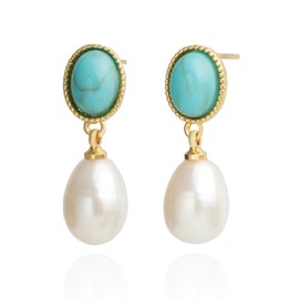 14K Gold Plated Turquoise Freshwater Cultured White Pearl Dangling Drop Earrings for Women