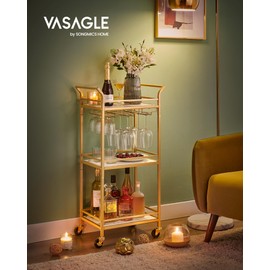 VASAGLE Bar Cart, Home Bar Serving Cart, Small Bar Cart with 3-Tier Shelf, Wine Holders, Glass Holders, Mini Bar Cart for Small Spaces, Kitchen, Dining Room, Living Room, Pale Gold