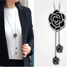 Cathercing Rhinestone Black Rose Pendant Long Necklace for Women Sweater Chain Statement Necklace Choker Adjustable Elegant Jewelry Crystal Accessories Dressy Collocation Winter Evening Party Wedding