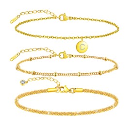 QJLE Initial Anklet for Women 18K Gold Plated Dainty Layered Beaded Letter Ankle Bracelets for Women Summer Beach Jewelry, Medium, Stainless Steel, Cubic Zirconia