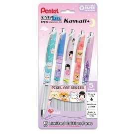 Pentel EnerGel RTX - Bolgrafo de gel lquido, diseos Kawaii de Tokio, (0.7mm), trazo medio, tinta negra, paquete de 5 unidades (BL77KWIPF5A)           