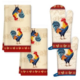 Arquiel Farmhouse Rooster Kitchen Towels and Oven Mitts Set 4Pcs, Soft Absorbent Dish Cloth Heat Resistant Oven Gloves for Cooking Baking Kitchen Decoration, Gifts for Her