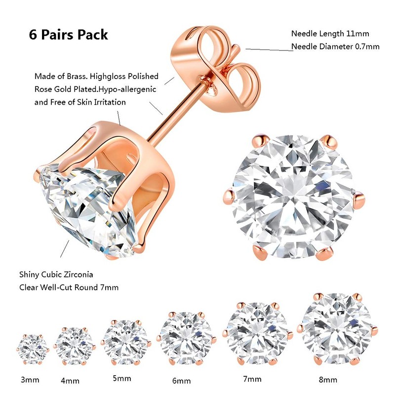 6 Pairs Rose Gold Plated Stud Earrings Set,Hypoallergenic Cubic Zirconia
