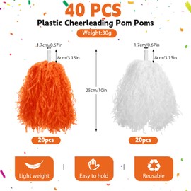 Daifunli 40 Pcs Cheerleading Pom Poms with Plastic Handles Cheerleader Squad Spirited Sports Dance Fun Foil Pompoms Hand Flowers for Adults Rooters Cheering Party(Orange, White)