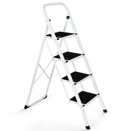 JungleA 4 Step Ladder, Folding Step Stool for Adults, Foldable Lightweight Portable Tall White Ladder Stool for Home Kitchen Closet Garage & Office, Wide Anti-Slip Pedal, 330 lbs Load Capacity