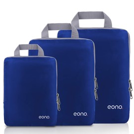 Eono Compression Packing Cubes, Luggage Organiser Set, Extensible Suitcase Organiser, Packing Organisers for Suitcases, Packing Cubes for Travel or Home Storage - Navy, 3 Set