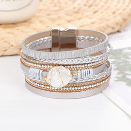 Leather Wrap Bracelet for Women Boho Cuff Bracelets Crystal Bead Bracelet Gorgeous Multilayer Bohemian Wristband Jewelry Gifts (grey)