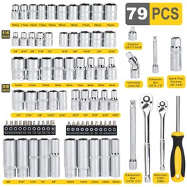 Topline 79-Piece 1/4” & 3/8”Drive Impact Socket Wrech Set, 6-Point Socket Set, Metric, SAE CR-V Sockets with EVA Foam Tray for Bench Storage, Deep & Standard Mechanic Tool Set for Home Maintenance