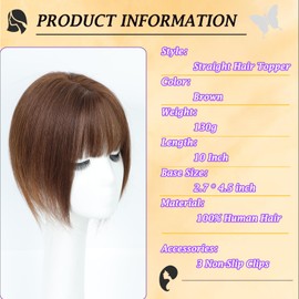 JANATOUCH Human Hair Topper Brown Color Toppers Clip In Bangs For Women Real Human Hair Straight Hairpieces For Solving Slightly Loosing And Gray Adding Volume
