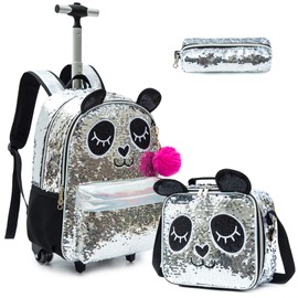 Egchescebo School Kids Rolling Backpack for Girls With Wheels Trolley Wheeled Backpacks Travel Bags 3PCS Panda Backpack With Lunch Box and Pencil Case Kids Rolling Suitcase Silver Sequin Backpack