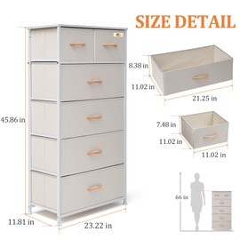 VredHom Fabric Dresser for Bedroom, Tall Skinny Dresser with 6 Drawers, Storage Organizer Tower, Steel Frame Wooden Top for Closet, Living Room, Hallway(Beige)