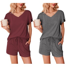 Ekouaer Womens Pyjamas 2 Pack Nightwear Sommer Pjs Sets Ruffle Sleeves Top and Shorts Loungewear,Burgundy + Gray, XL