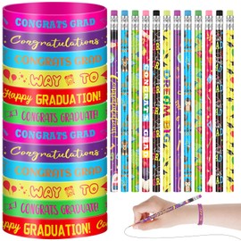 Sabary 48 Pcs Graduation Pencils Silicone Bracelets Set Graduation Party Favors Motivational Rainbow Pencils with Eraser Rubber Wristbands for Grade End-of-year Gifts(Vivid)