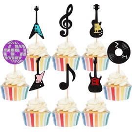24 piezas de notas musicales para magdalenas con purpurina, guitarra, roca, magdalenas, discoteca, decoración de magdalenas para músico, temática de rock and roll, baby shower, niños, fiesta de cumpleaños, decoración de pasteles