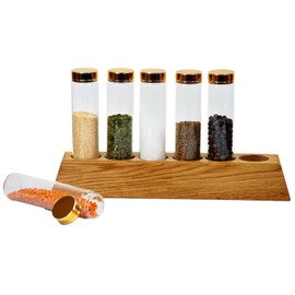 gouveo Rustic Oak Spice Rack with 6 Jars 100 ml Tube and Lid Gold Wooden Shelf with Round Spice Jars Spice Rack 30 x 5 x 8 cm for Standing Up