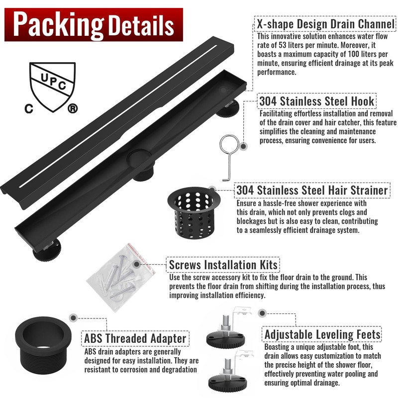 32 Inch Linear Shower Drain, Matte Black Shower Drain,Removable Grate,