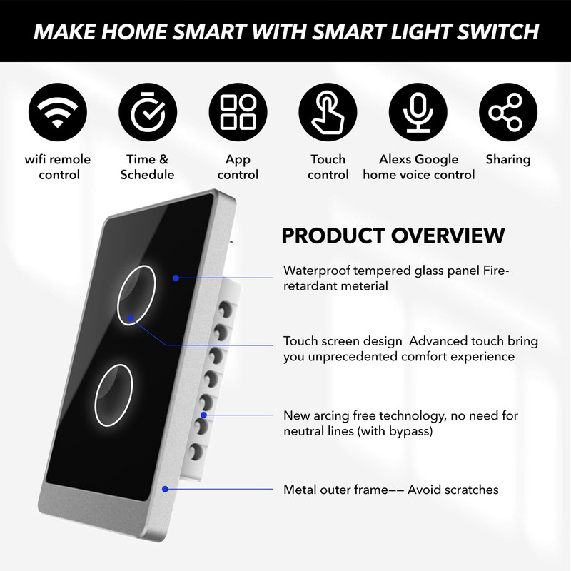 Smart Wall Light Switch, 2.4GHz 2 Gang WiFi Touch Switches,