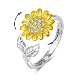Fryneauy Sunflower Ring Adjustable Anxiety Ring S925 Sterling Silver Creative Relieving Stress Rotating Rings Jewelry for Women