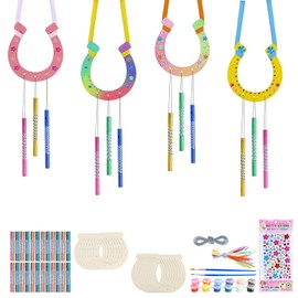 Aitsite Pack of 16 Wind Chime Craft Set Children's Horseshoe Wind Chime Made of Wood DIY Craft Colouring Creative Sets for Girls Boys Craft Set Children's Birthday Garden Decoration