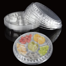 FVIEXE 25PCS Fruit Serving Tray with Lid, Party Fruit Veggie Platter Tray Round Appetizer Serving Tray Plastic Divided Food Storage Vegetable Salad Container with Lids for Parties and Buffet