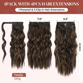 LONAI Half Up Half Down Ponytail Extension Set, 4PCS 20" Long Clip in on Hair Extensions, Full Head Wavy Synthetic Warp Round Ponytail Hairpiece for Women-Balck Brown with Highlight