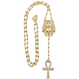 GWOOD Pharaoh with Ankh Rosary Style Pendants 31 Inch Long Necklace (GOLD COLOR)