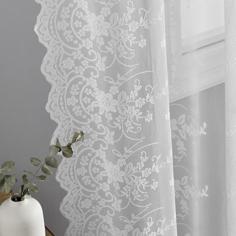 Kotile White Lace Cafe Curtains 45 Inch Length for Kitchen