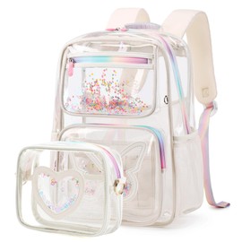 KIDNUO Clear Backpack for Girls 2 PCS Backpacks Set,Heavy Duty Bookbag Stadium Approved Daypack Transparent School Bag See Through Bookbags for Kids Elementary College Students Teens Sport Beige