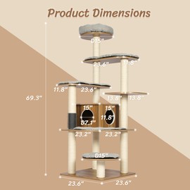 KAMABOKO Tall Cat Tree, 69” Large Cat Tower Multi-Level Platforms with Sisal Scratching Posts, Cat Tree for Large Cats 20 lbs Heavy Duty, Cat Condo Furniture for Active Cats