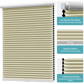 Myshade No Drill Blackout Shades Tension Cordless Cellular Blinds for Indoor Windows No Drilling No Tools Window Blinds & Shades Pull Down Room Darkening for Kitchen Bedroom Home, Beige-Custom -Size
