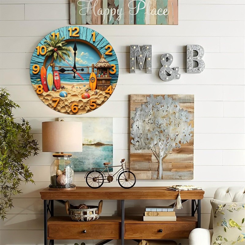 Lancholy Beach Theme Wall Clock Surfboard Decor 10-Inch Wooden Wall