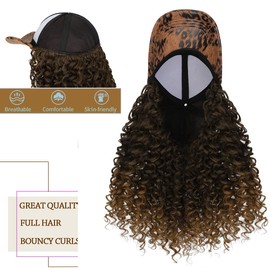 Qlenkay Leopard Baseball Cap with 16'' Hair Extensions Adjustable Metal Buckle Wig Hat Attached African Kinky Curly Hairpiece for Woman Girl Dark Brown To Ginger Brown