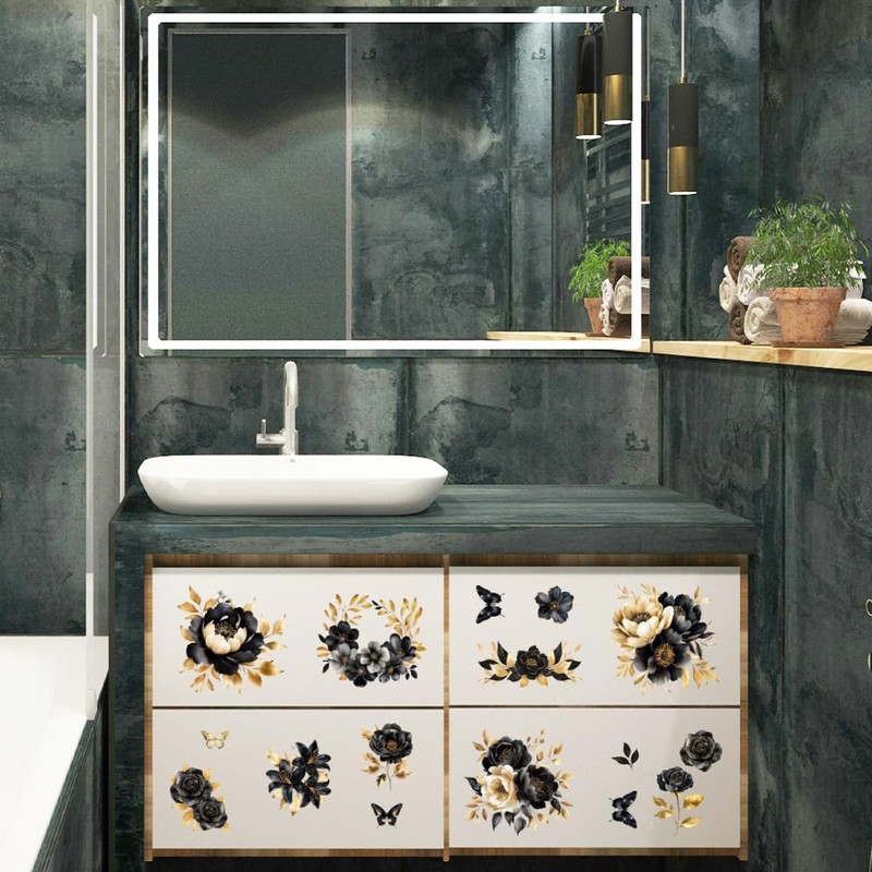 Peacoblue Black Gold Flowers Rub On Transfers for Furniture Craft