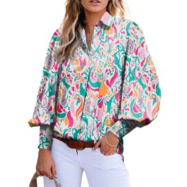 Astylish Women Oversized Button Down Shirts Classy Collar Attractive Pretty Lantern Sleeve Bold V-Neck Tops Spring Trendy Blouse Tunic Red Small