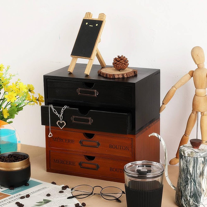 PACKGILO Wooden Storage Box Rustic Desktop Organizer with 2 Drawers