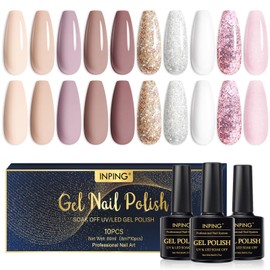 INPING Gel Nail Polishes, 10 Colors Nude Bare Series Natural Apricot Light Beige Brown Glitter Pink Soak Off UV/LED Nail Varnish for Women Home Wedding DIY Nail Art Salon Manicure Set
